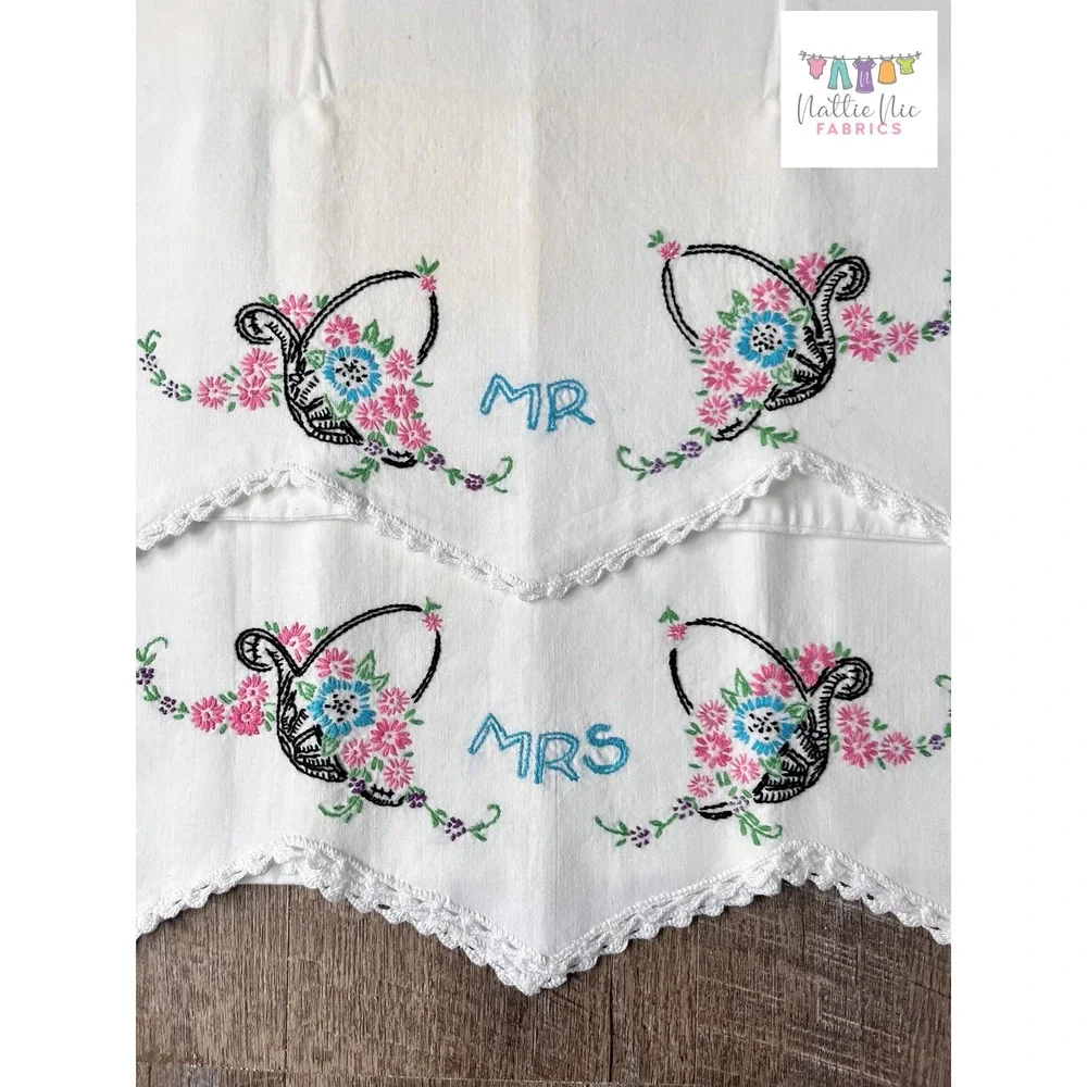 2 Vintage Embroidered Mr Mrs Pillowcases crochet trim, standard size, Springmaid